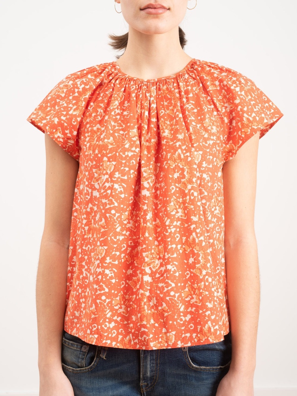 Ulla Johnson “Macie” Flutter Sleeve Blouse Top in Coral Orange and White Size S